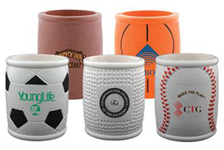 Personalized can coolers with sporting theme. Order sports themed coozies with your logo printed onto each coozie.